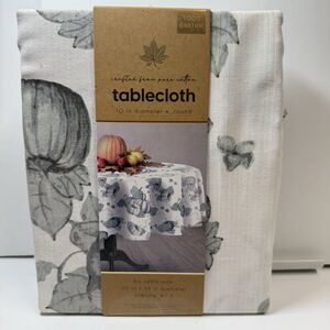 From The Hearth 100% Cotton White Gray Fall Pumpkin 20” Round Tablecloth New